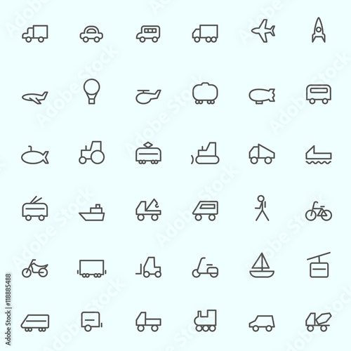 Transport icons, simple and thin line design