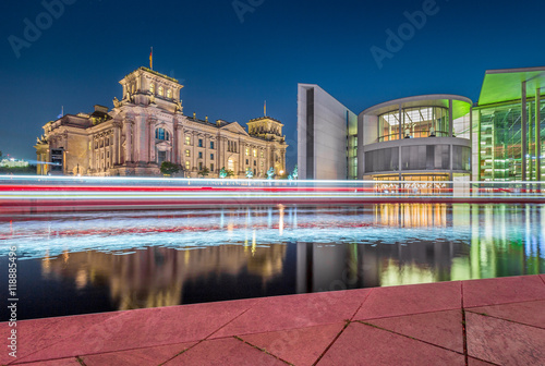 Berlin government district with Reichstag and Spree river in twilight, Berlin Mitte, Germany