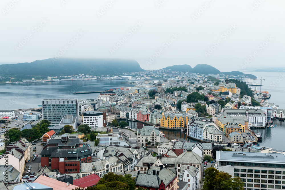 Ålesund from above / Shot of the city of Ålesund, Norway, from above on a foggy day. 