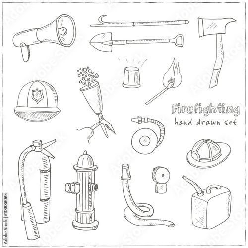 Doodle fire fighting tools set Vintage illustration