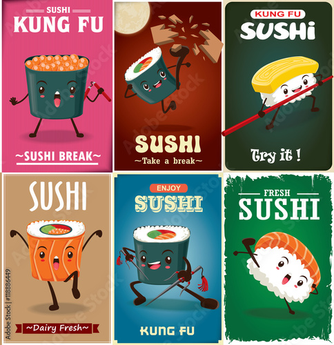 Vintage Kung Fu Sushi poster design with vector sushi character. Chinese word means sushi.