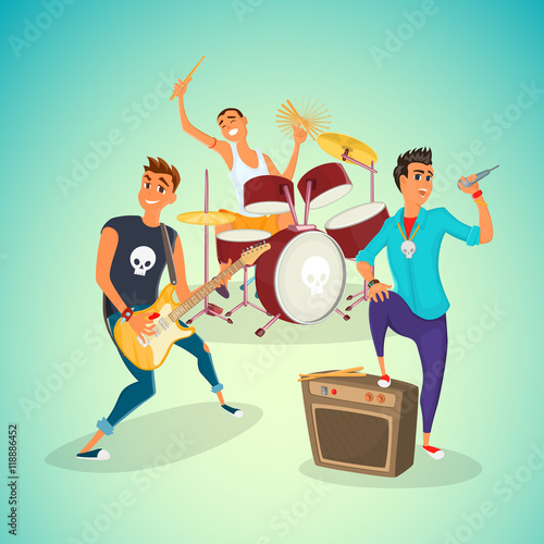 Rock band concer. Group creative young people playing instruments impressive performance. Cartoon vector illustration