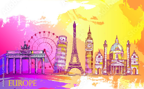 Skyline of Europe, detailed silhouette.Travel Landmarks. vector illustration, hand drawn graphic, sketh, artistic Splash paint, beautiful colorful card with architecture