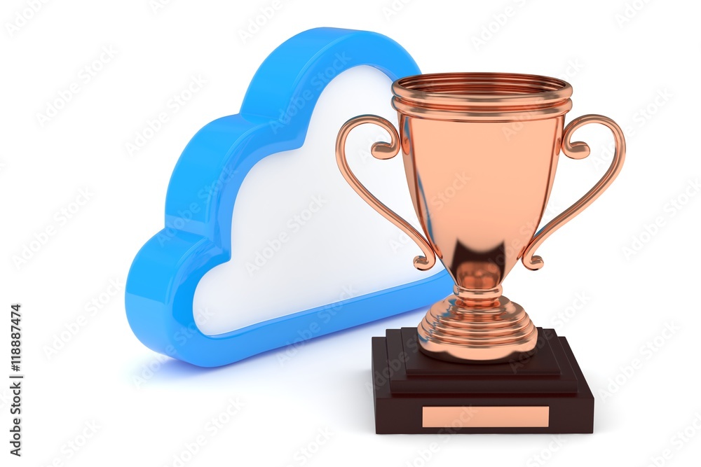 Isoalted bronze cup with cloud on white background. Blue contour cloud. Concept of cloud storage competition. Leader cloud drive. Best storage contest. 3D rendering. Isoalted bronze cup with cloud on white background. Blue contour cloud. Concept of cloud storage competition. Leader cloud drive. Best storage contest. 3D rendering.