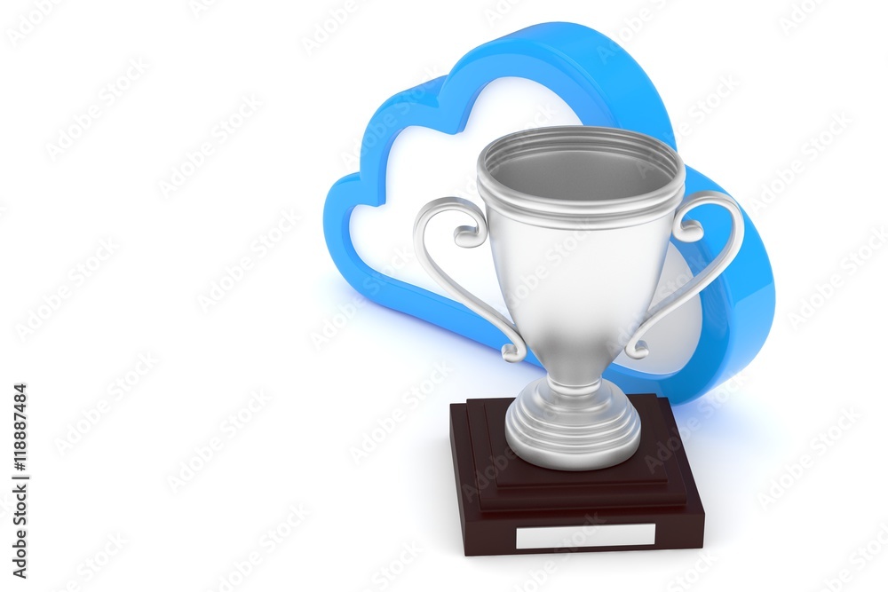 Isoalted silver cup with cloud on white background. Blue contour cloud. Concept of cloud storage competition. Leader cloud drive. Best storage contest. 3D rendering. Isoalted silver cup with cloud on white background. Blue contour cloud. Concept of cloud storage competition. Leader cloud drive. Best storage contest. 3D rendering.