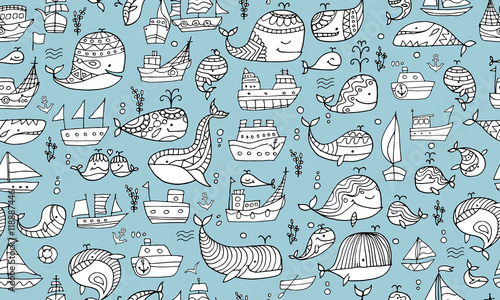 Whales and ships, seamless pattern for your design