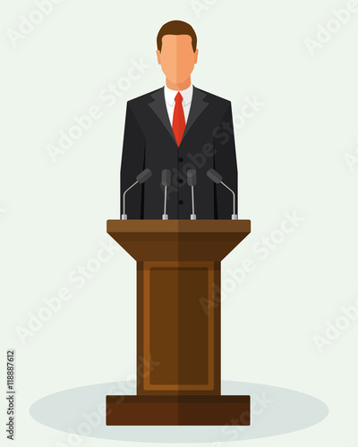 Politician man standing behind rostrum and giving a speech. Vector flat style colorful illustration