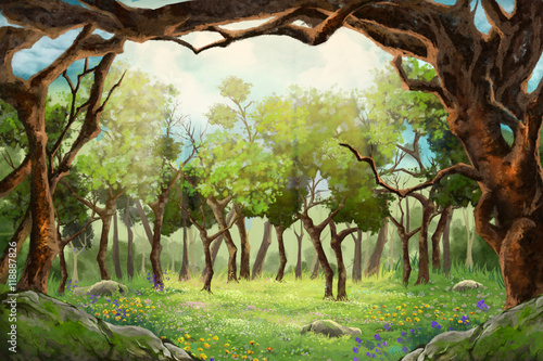 Wallpaper murals A Small Flower Field inside the Clearing of Forest. Video  Game's Digital CG Artwork, Concept Illustration, Realistic Cartoon Style  Background 