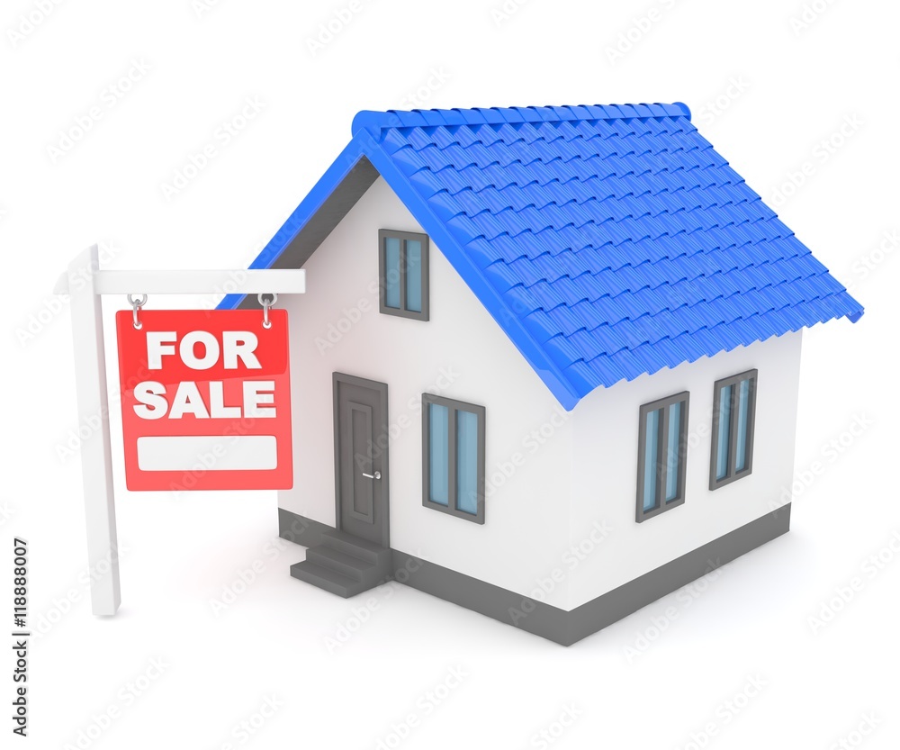 Miniature model of house real estate for sale on white background. 3D rendering.