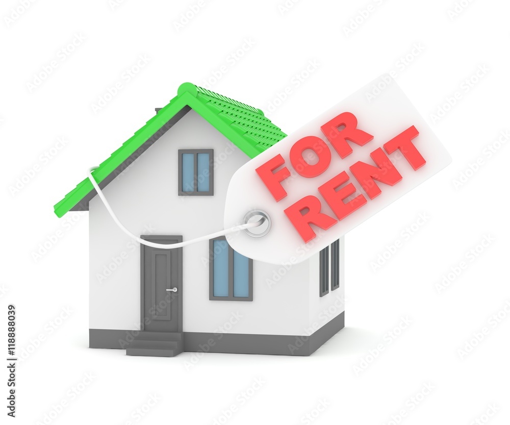 Miniature model of house real estate for rent label on white background. 3D rendering. Miniature model of house real estate for rent label on white background. 3D rendering.