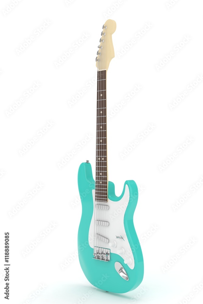 Naklejka premium Isolated turquois electric guitar on white background. Musical instrument for rock, blues, metal songs. 3D rendering.