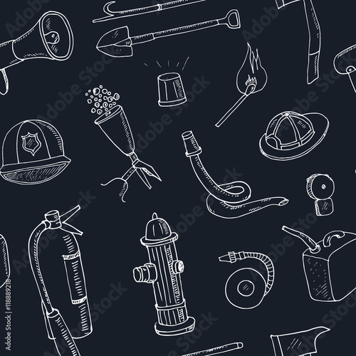 Doodle fire fighting tools set Vintage illustration