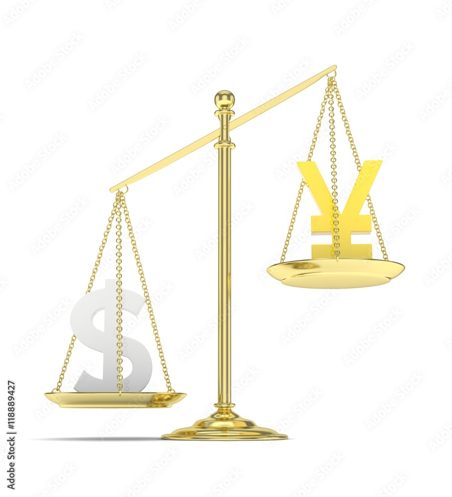 Isolated old fashioned pan scale with dollar and yuan,yen on white background. American and chinese and japanese currency. Dollar is heavier. Silver usd, golden yuan. 3D rendering. Isolated old fashioned pan scale with dollar and yuan,yen on white background. American and chinese and japanese currency. Dollar is heavier. Silver usd, golden yuan. 3D rendering.