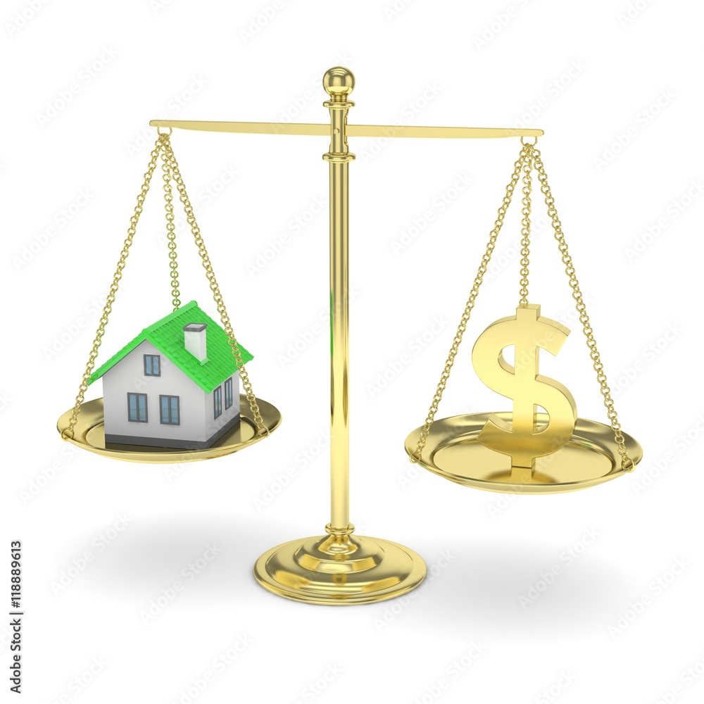 Isolated golden scales with golden dollar and house on white background. Investment or savings concept. Real estate and currency. 3D rendering. Isolated golden scales with golden dollar and house on white background. Investment or savings concept. Real estate and currency. 3D rendering.