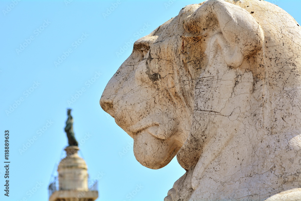The statue of the lion on the monument to the memory of Rome, Italy