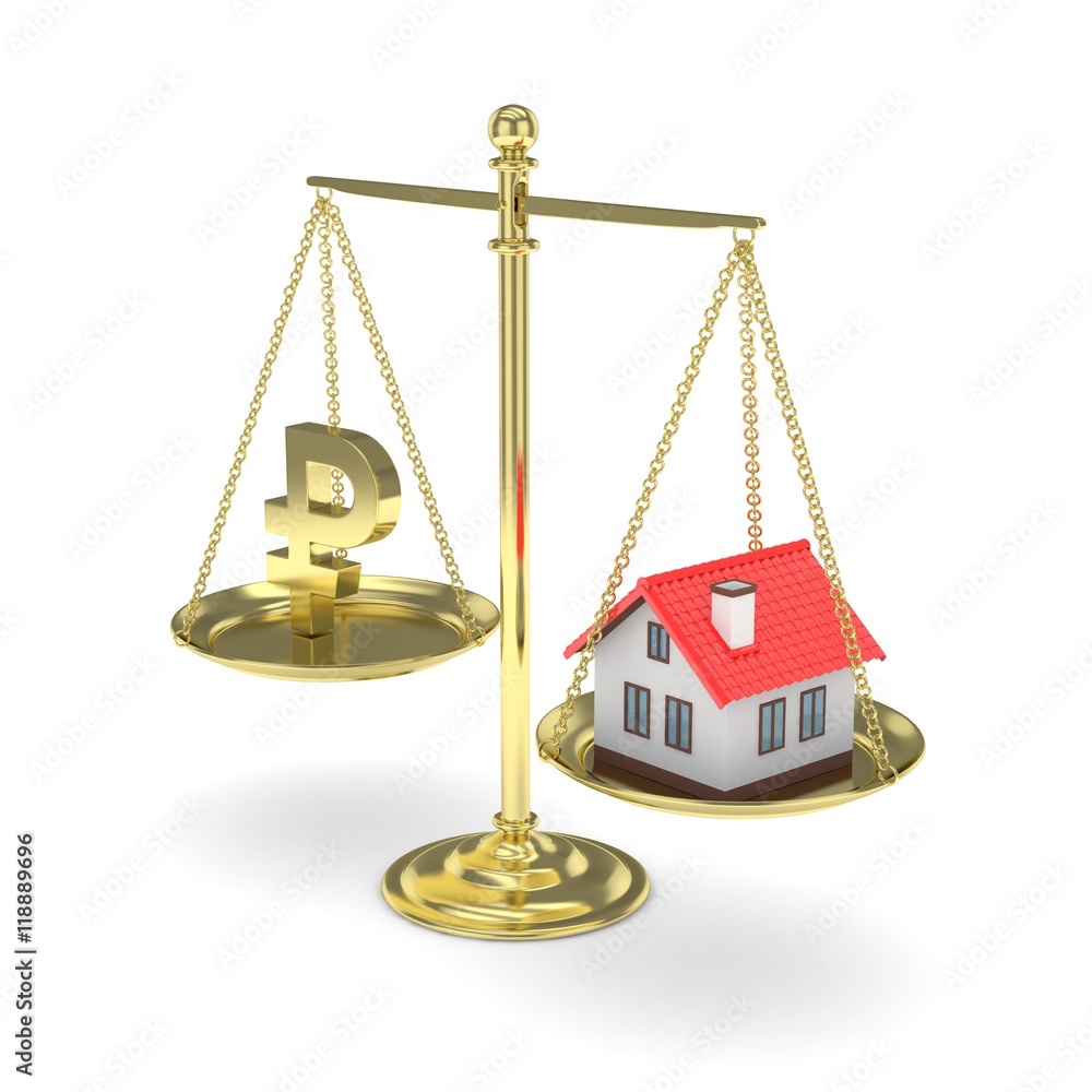 Isolated golden scales with golden rouble and house on white background. Investment or savings concept. Real estate and currency. 3D rendering. Isolated golden scales with golden rouble and house on white background. Investment or savings concept. Real estate and currency. 3D rendering.
