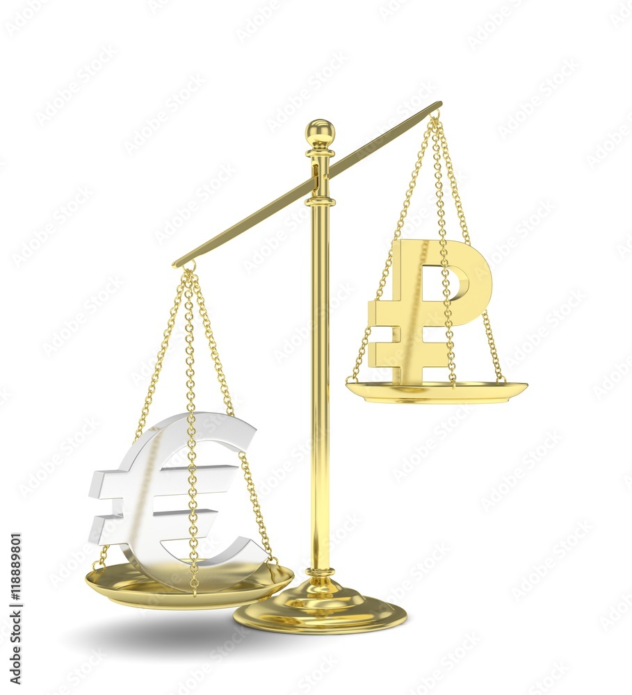 Isolated golden scales with silver euro and golden ruble currency. Russian and european finance. Measuring of market stability. 3D rendering. Isolated golden scales with silver euro and golden ruble currency. Russian and european finance. Measuring of market stability. 3D rendering.