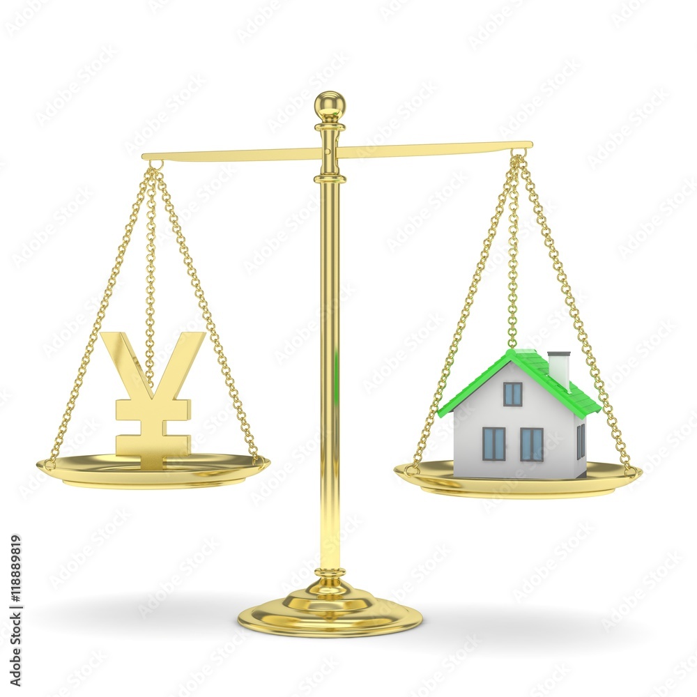 Isolated golden scales with golden yuan and house on white background. Investment or savings concept. Real estate and currency. 3D rendering. Isolated golden scales with golden yuan and house on white background. Investment or savings concept. Real estate and currency. 3D rendering.