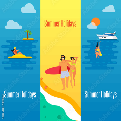 Summer holidays banner vector illustration. Young happy couple walking on beach. Seascape with yacht, sunset, swimming girl and couple on water bike. Concept of holiday at sea.