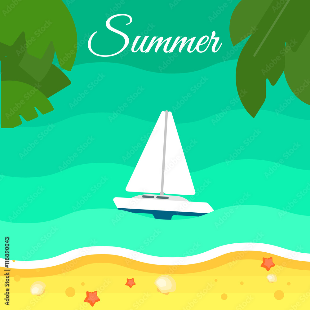 Naklejka premium Summer background, vector illustration. Seascape with sailing yacht. Sand beach with palm leaves and starfish. Natural landscape. Racing yacht. Summer vacation. Travel concept. Outdoor leisure