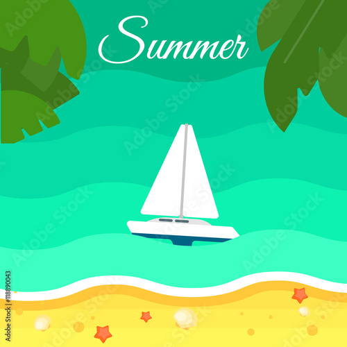 Summer background, vector illustration. Seascape with sailing yacht. Sand beach with palm leaves and starfish. Natural landscape. Racing yacht. Summer vacation. Travel concept. Outdoor leisure