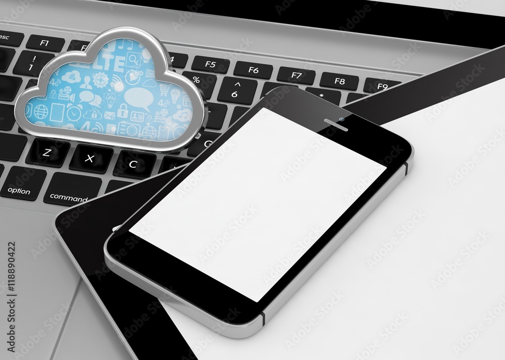 laptop, tablet pc, smart phone and cloud. 3d rendering. laptop, tablet pc, smart phone and cloud. 3d rendering.