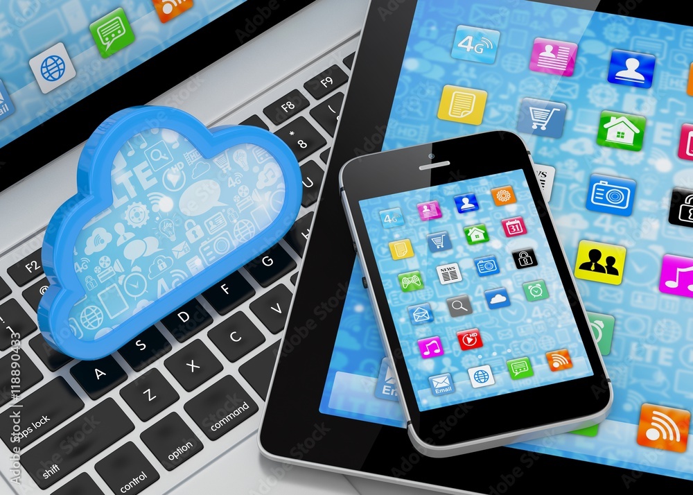 laptop, tablet pc, smart phone and cloud. 3d rendering. laptop, tablet pc, smart phone and cloud. 3d rendering.