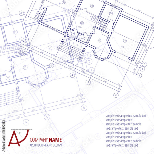 Architectural vector background. Blue building plan silhouette and A-letter logo architecture and design company.