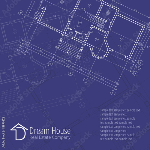Architectural vector background. Building plan silhouette on blue background and D dream house real estate company logo, architecture and design company logo