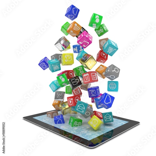 icon app fall in tablet pc. 3d rendering.