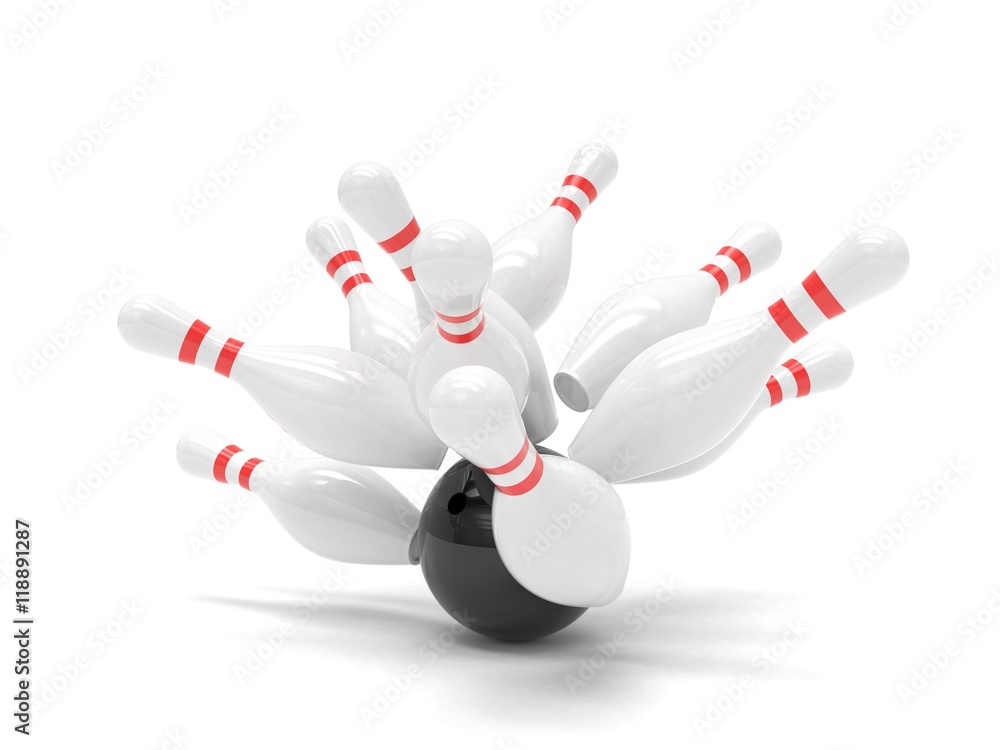 Bowling ball and skittles isolated. 3d rendering. Bowling ball and skittles isolated. 3d rendering.
