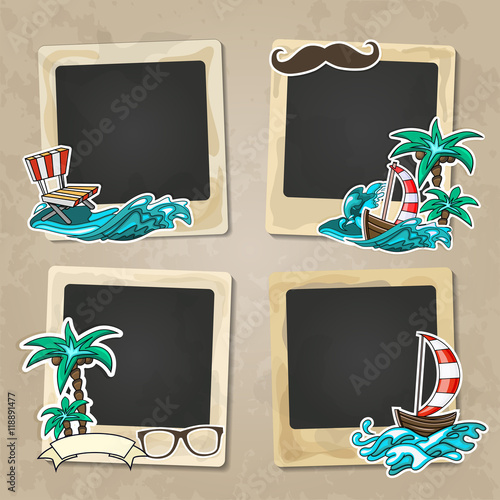 Collage photo frame on vintage background. Album template for kid, baby, family or memories. Scrapbook concept, vector illustration.