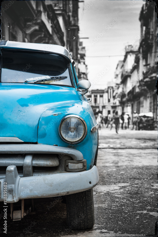 Old car on street in Havana,Cuba with black and white Old car on street in Havana,Cuba with black and white