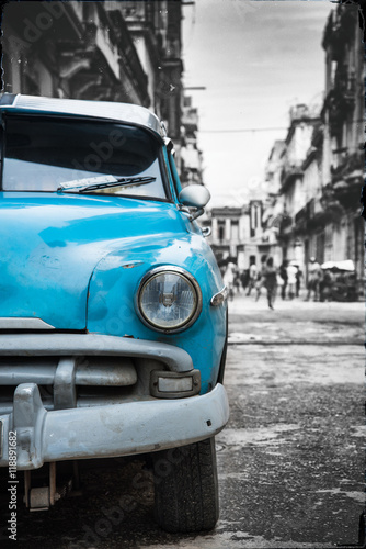 Old  car on street in Havana Cuba with black and white