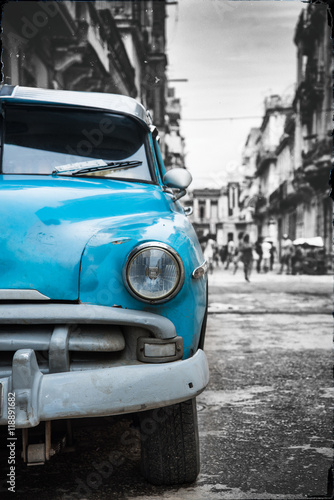 Photography Old  car on street in Havana,Cuba with black and white
