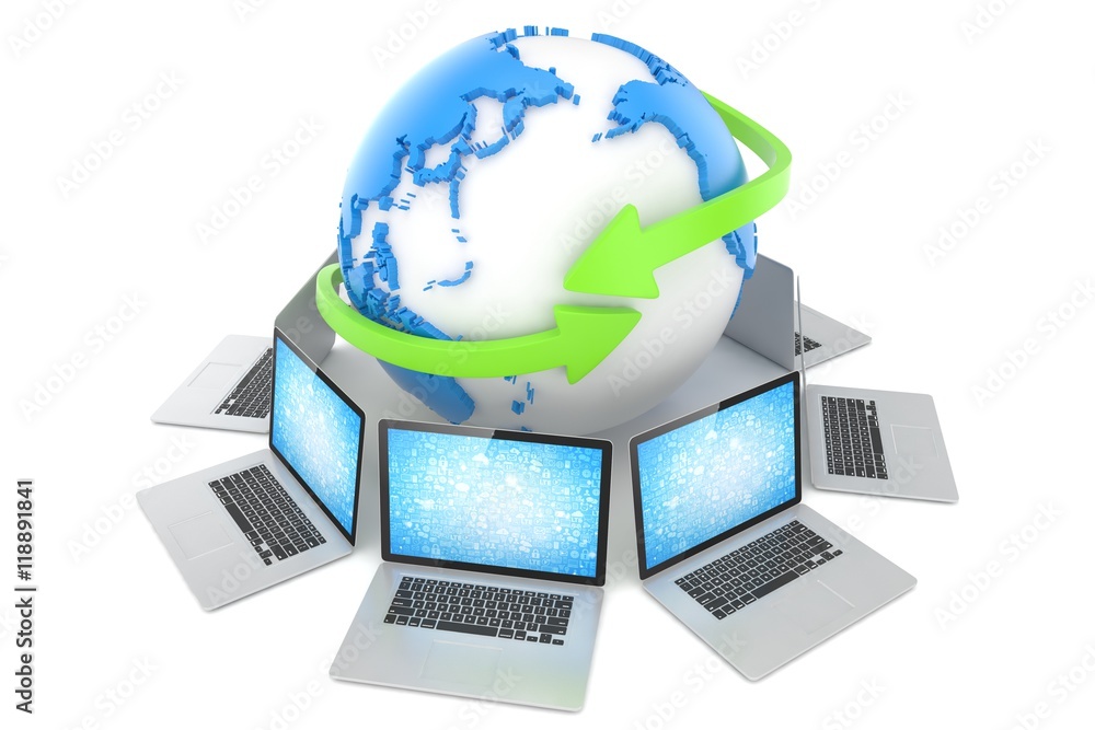 Laptop network around earth globe. 3d render Laptop network around earth globe. 3d render