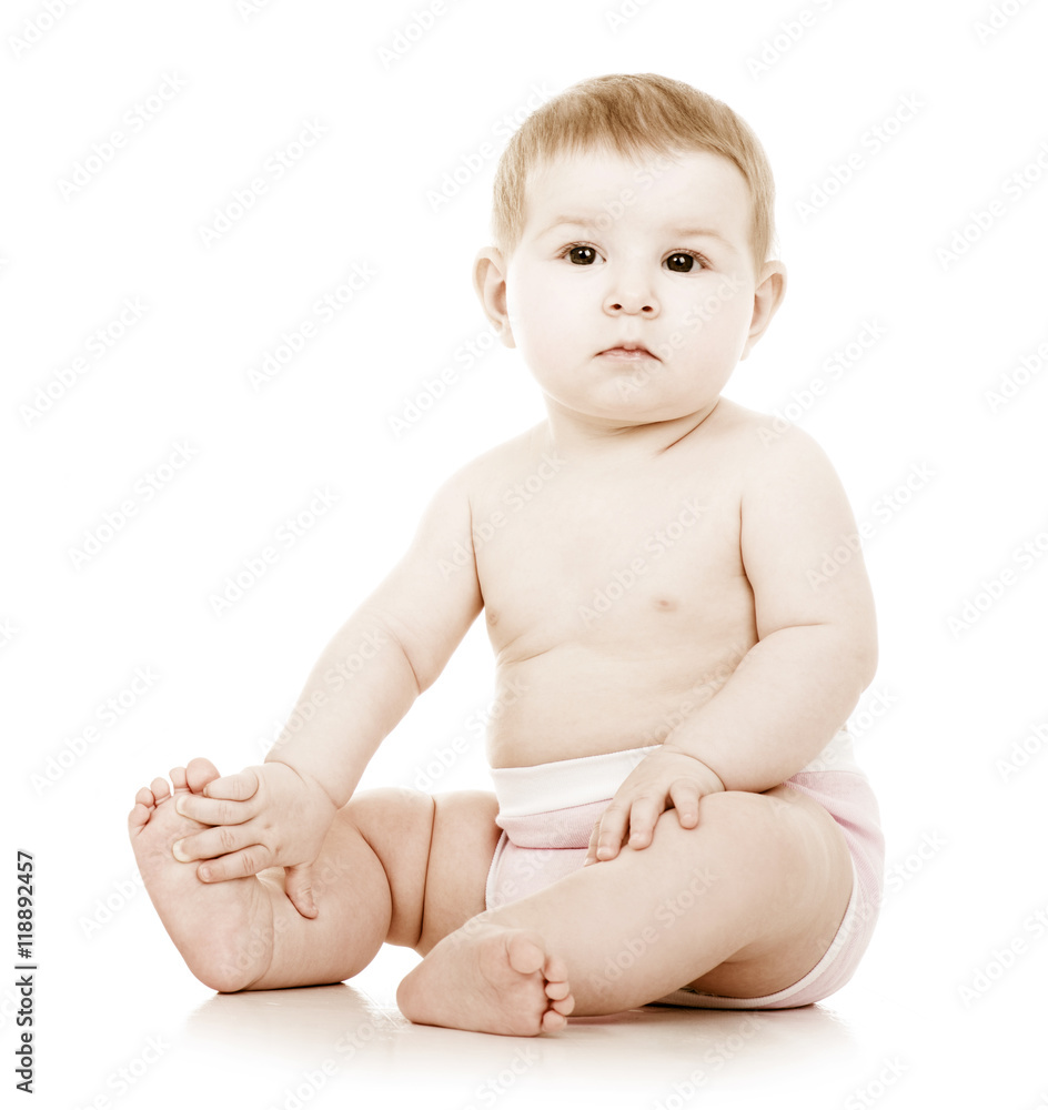 Beautiful happy baby sitting on the floor. One, isolated on whit Beautiful happy baby sitting on the floor. One, isolated on whit