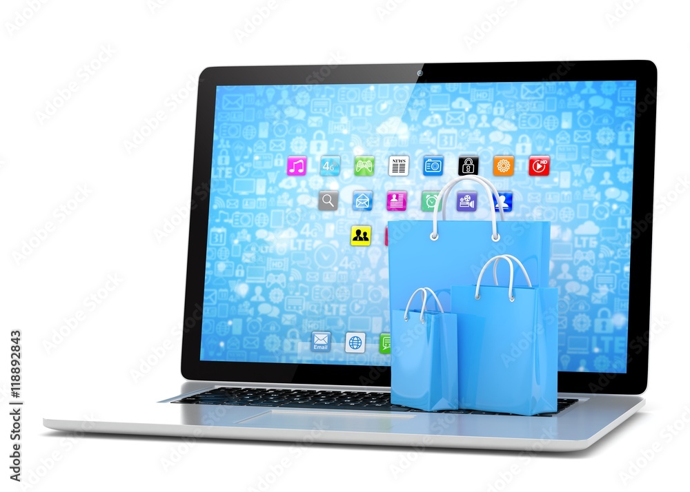 laptop and shopping pags on white background. 3d rendering. laptop and shopping pags on white background. 3d rendering.