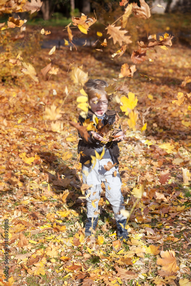 Happy kid playing in park and throwing yellow leaves. Excited boy throwing autumn leaves. Happy kid playing in park and throwing yellow leaves. Excited boy throwing autumn leaves.