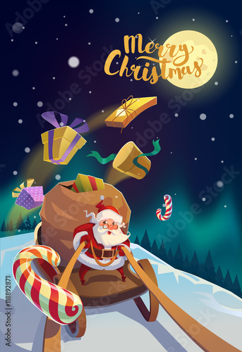 Christmas Card. Santa with the bunch of presents riding on a sleigh at the winter forest. Polar Lights at the background. Merry Christmas Lettering. Vector illustration.
