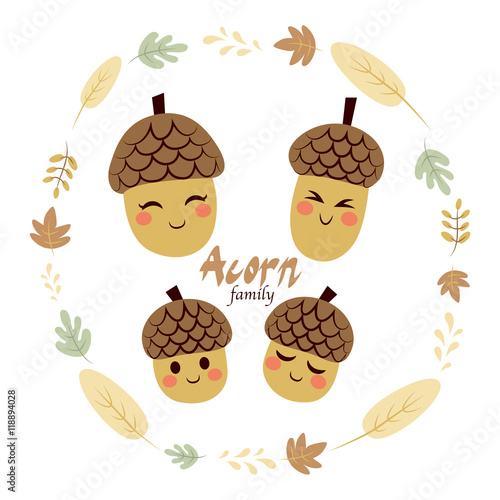 Four cute acorn family characters inside autumn theme leaves frame