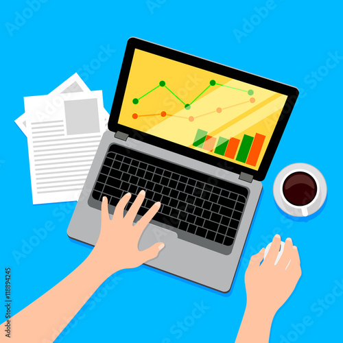Laptop working with mouse computer. hands typing on the laptop keyboard and using mouse.  Top view of people working with computer, illustration.