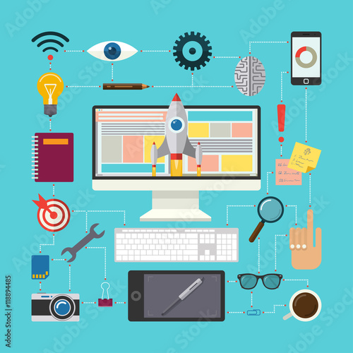 Flat design vector illustration concept of creative process with icons of  designers workspace, tools, equipment, creative idea, brainstorming, search and analysis, web design and development