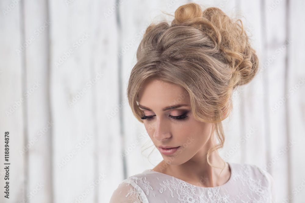 young beautiful bride with make-up and styling young beautiful bride with make-up and styling