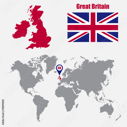 UK map on a world map with flag and map pointer. Vector illustration