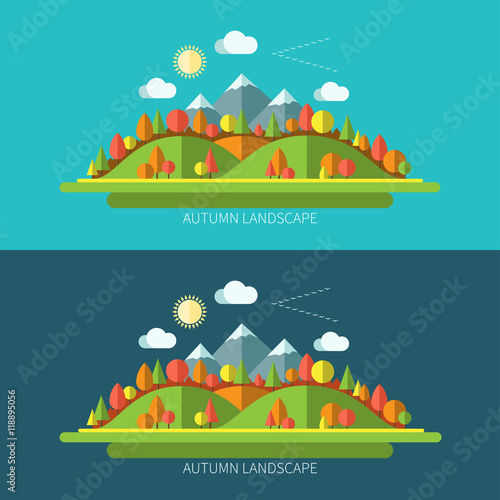 Flat design autumn nature landscape illustrations with sun, hills, moutains, trees and clouds on light and dark backgrounds © vectorcreator