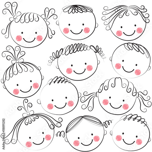 Set of kid heads in black color