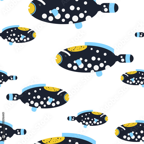 Vector flat illustration seamless pattern Picasso Triggerfish sea tropical fish on white background.