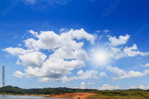 Beautiful blue sky with sun and white clouds