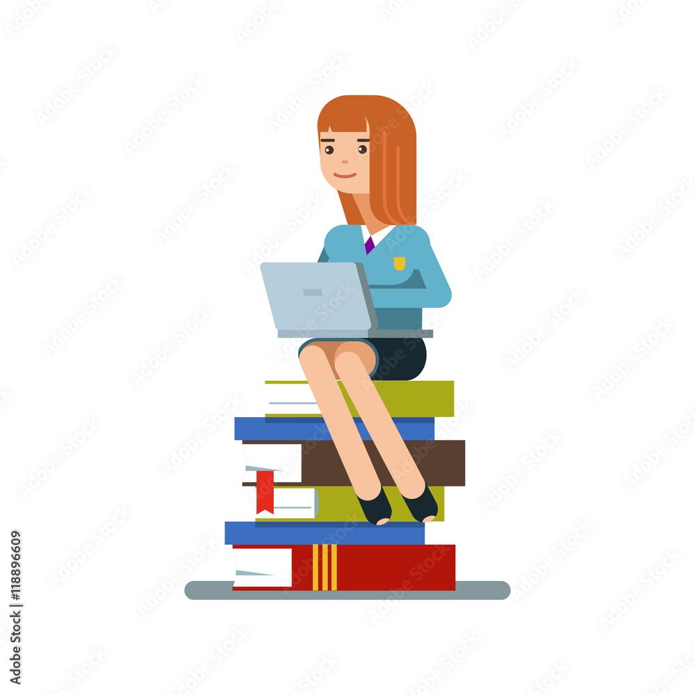 Young teen woman or student sitting on a stack of books with laptop isolated on white background. Vector illustration flat design Young teen woman or student sitting on a stack of books with laptop isolated on white background. Vector illustration flat design